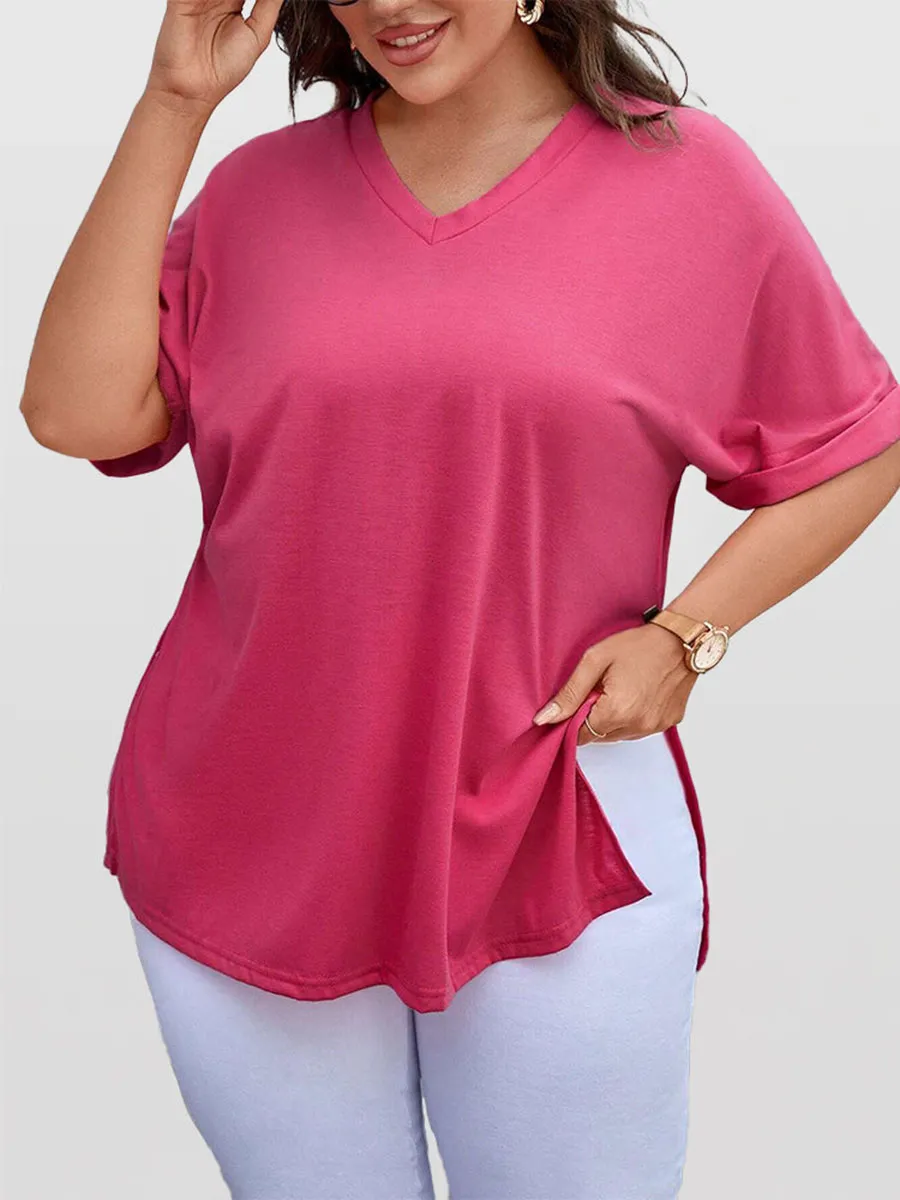 V Neck Cuffed Dolman Sleeve Split Hem Tee