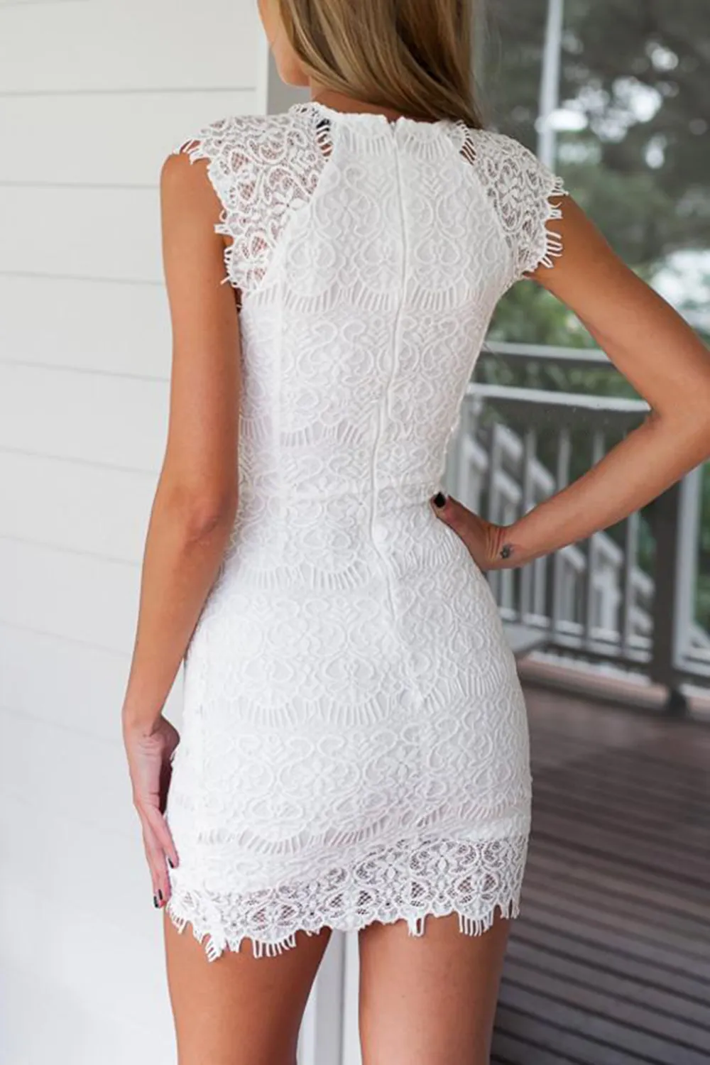 White Lace High Neckline Dress with Double Overlay Skirt