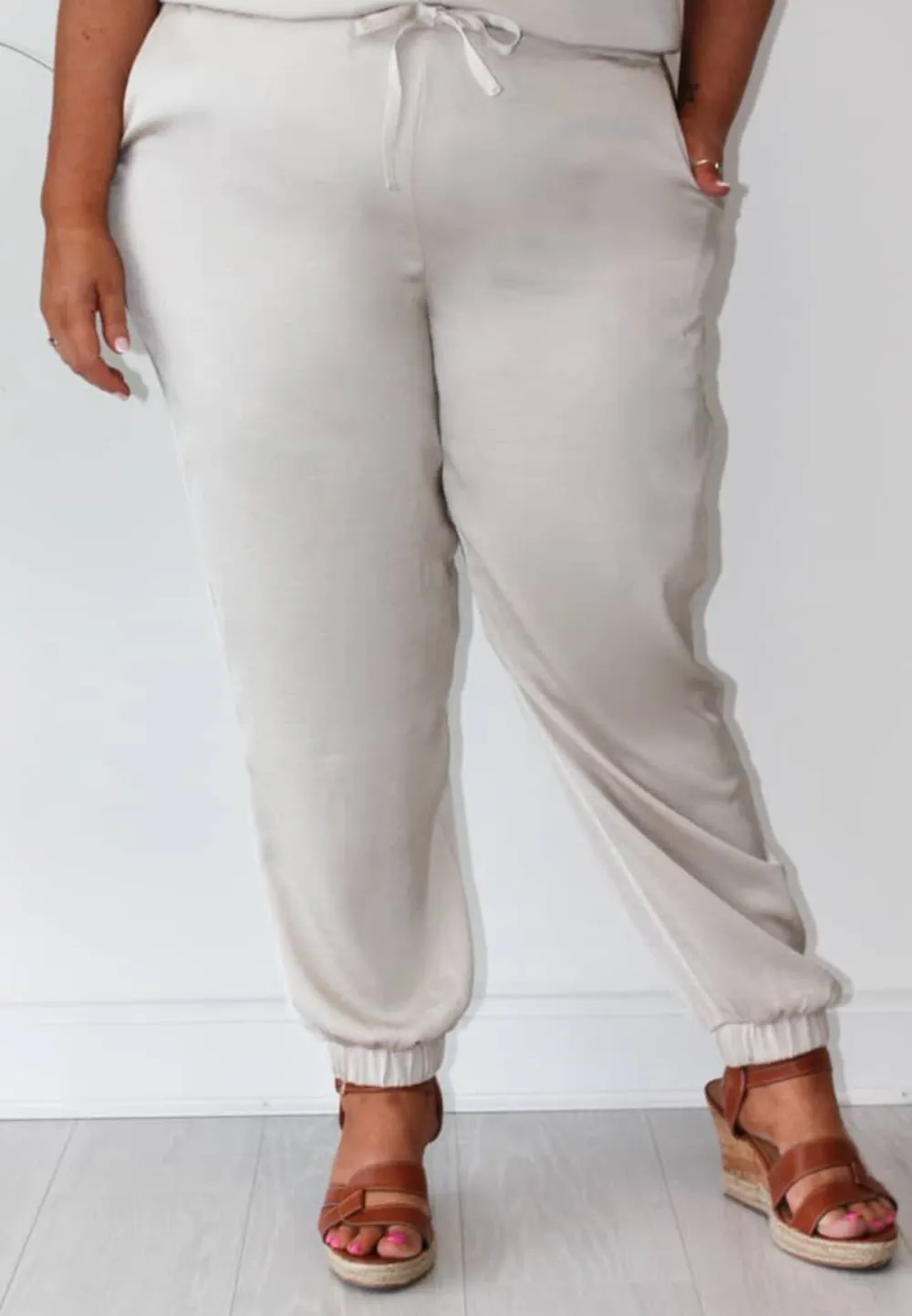 Cream Satin Jogger Style Trouser