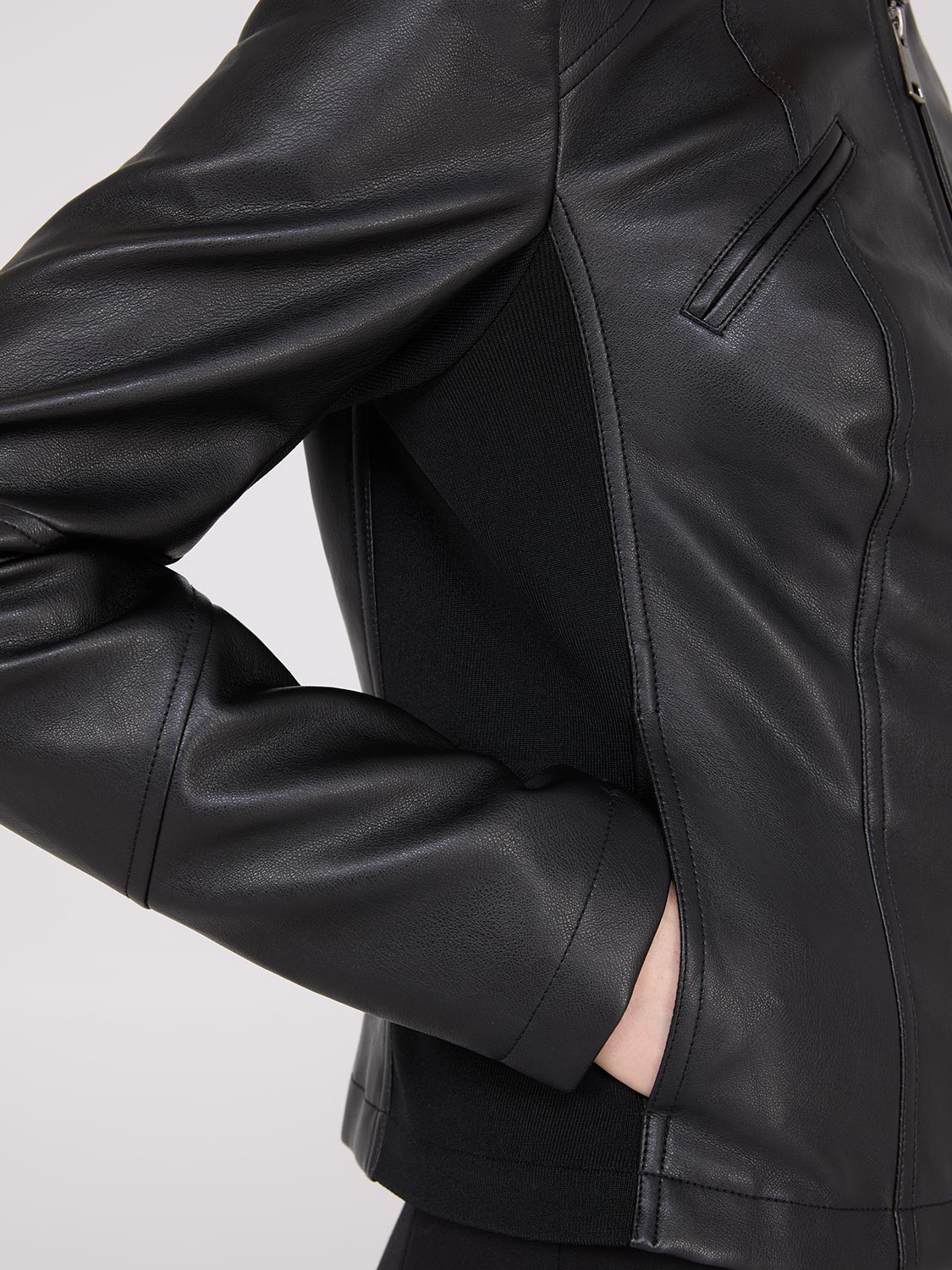 Collarless Faux Leather Jacket