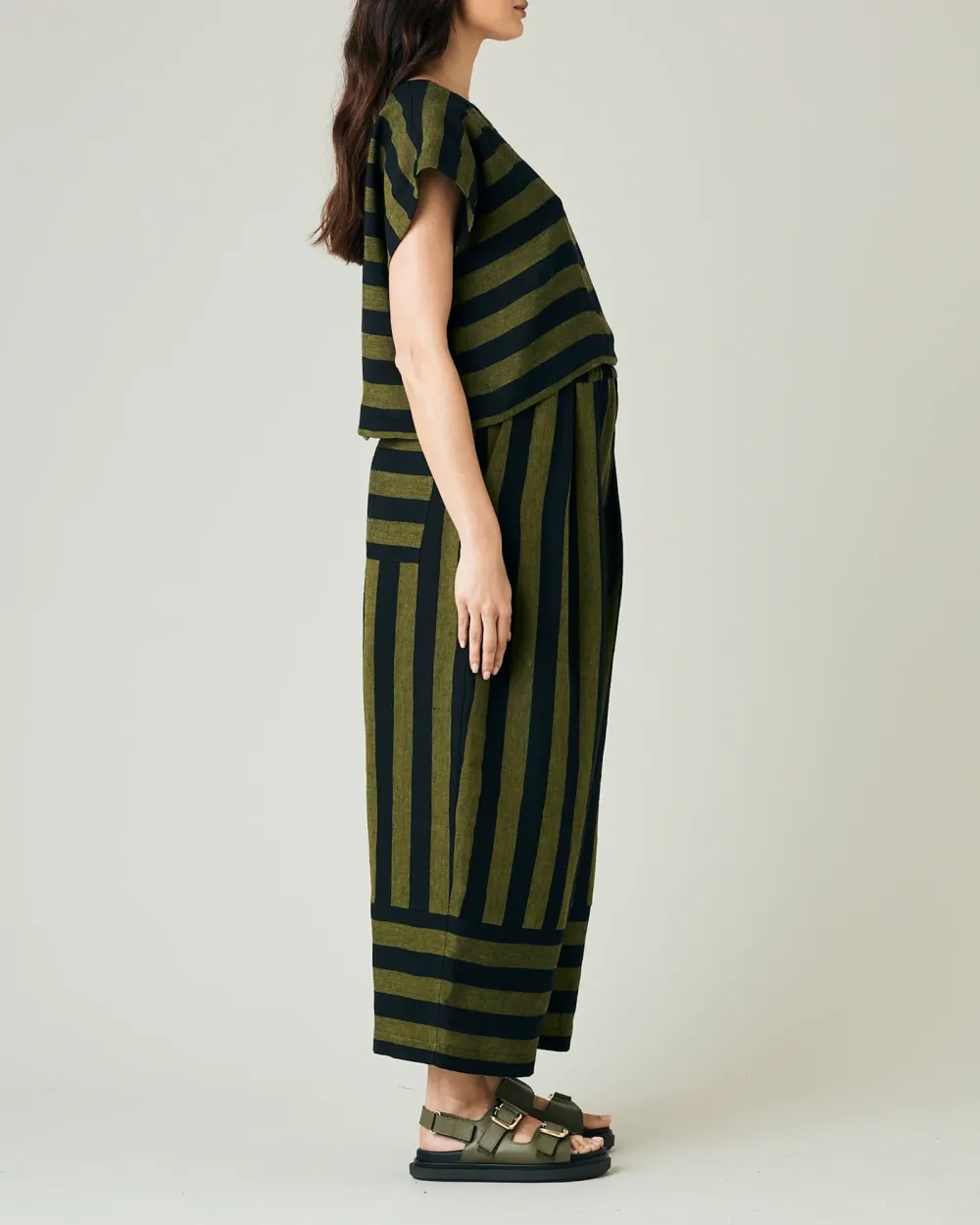 BOBBI BLACK & OLIVE STRIPE LINEN TROUSERS