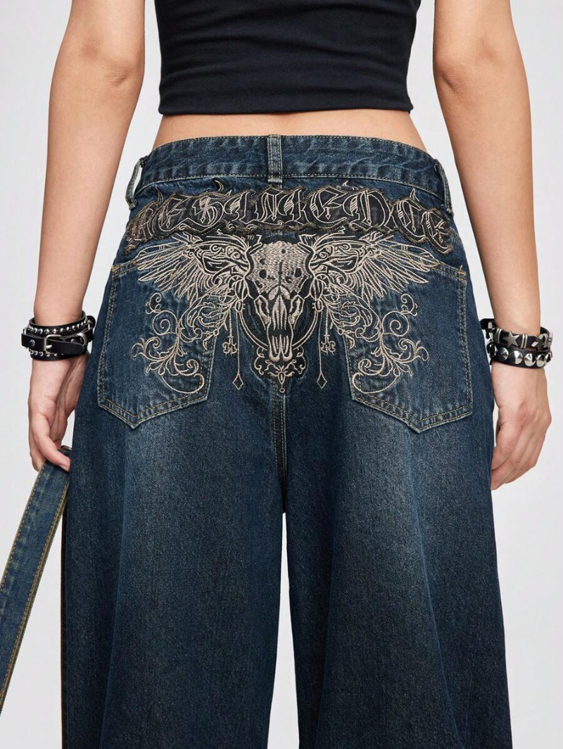 Grunge Punk Ladies' Grunge Punk Loose Wide Leg Jeans With Winged Skull Embroidered Patch On Back Pocket