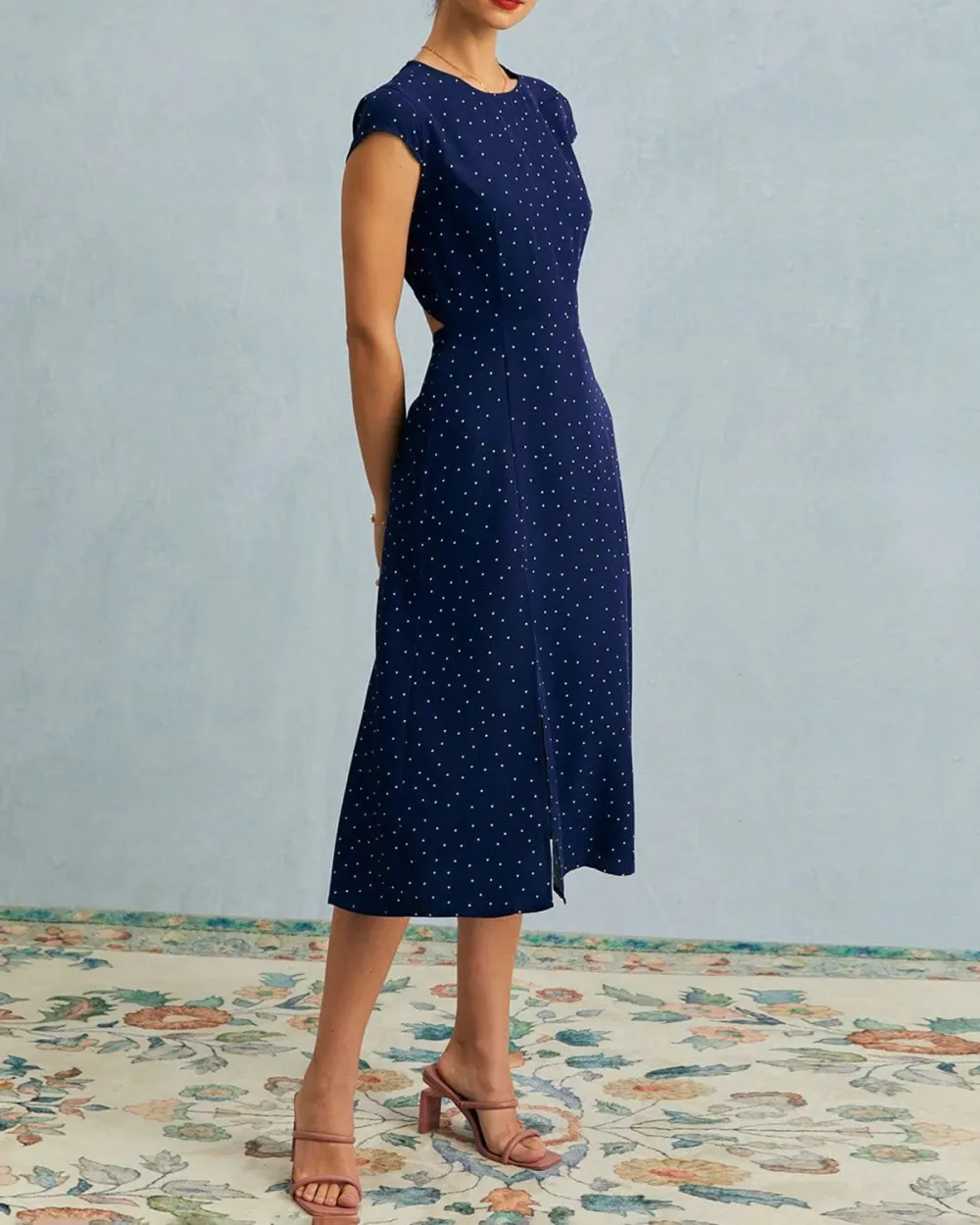 Navy blue polka dot back dress