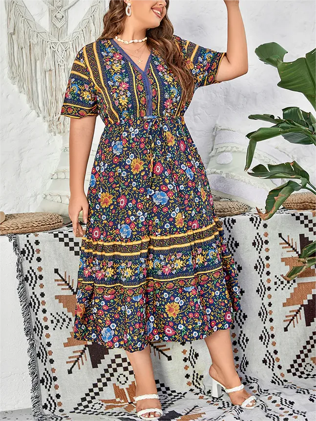 Plus Blue Floral Hollow Out Tie Front Maxi Dress