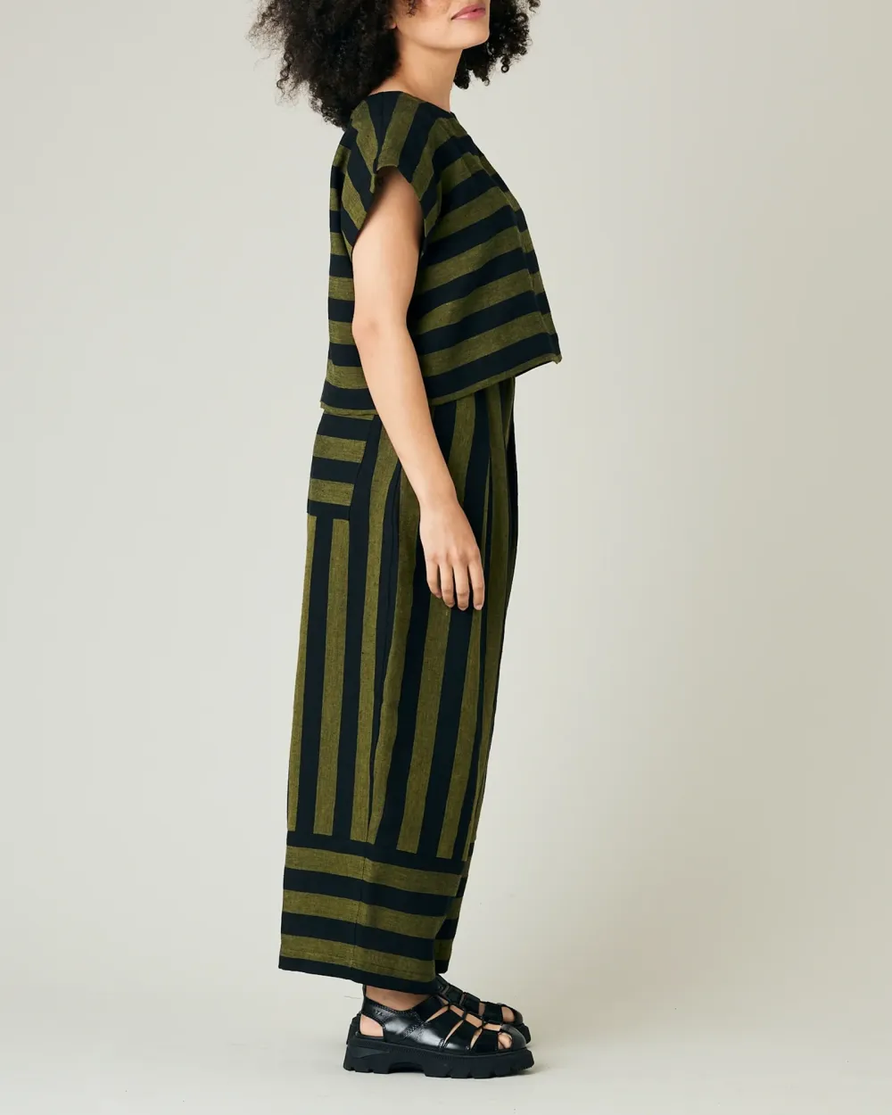 BOBBI BLACK & OLIVE STRIPE LINEN TROUSERS