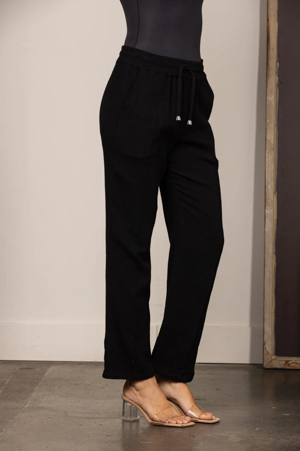 BLACK DRAWSTRING STRAIGHT LEG LINEN PANTS