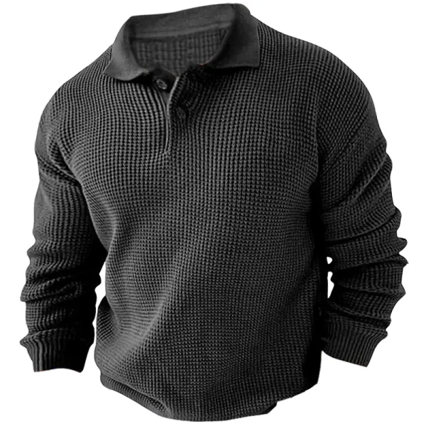 Men's Vintage Long Sleeve Pol Casual Quarter Button Up Lapel Collar Fall Winter O Sweater