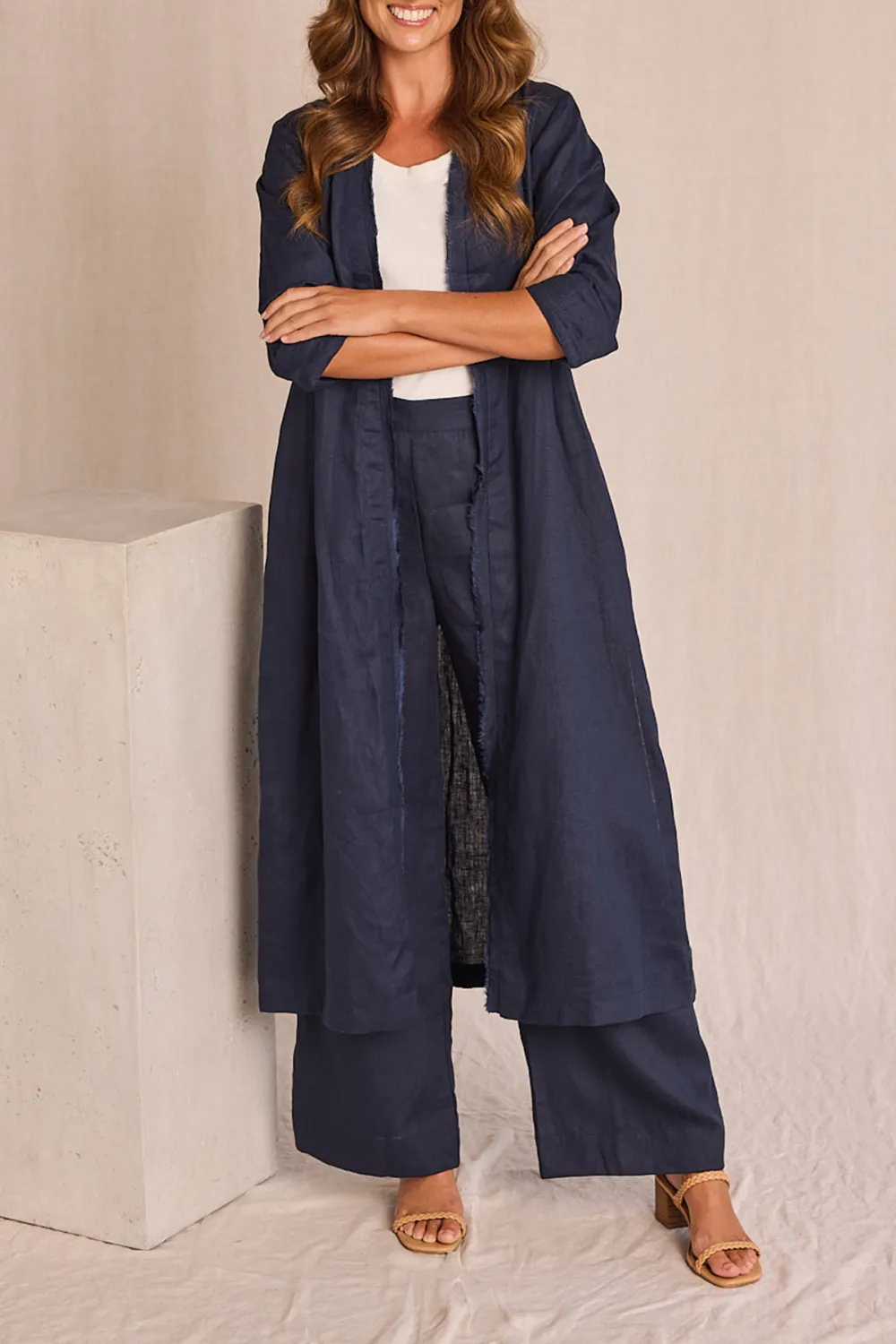 Long Line Fringed Linen Duster Jacket In Navy