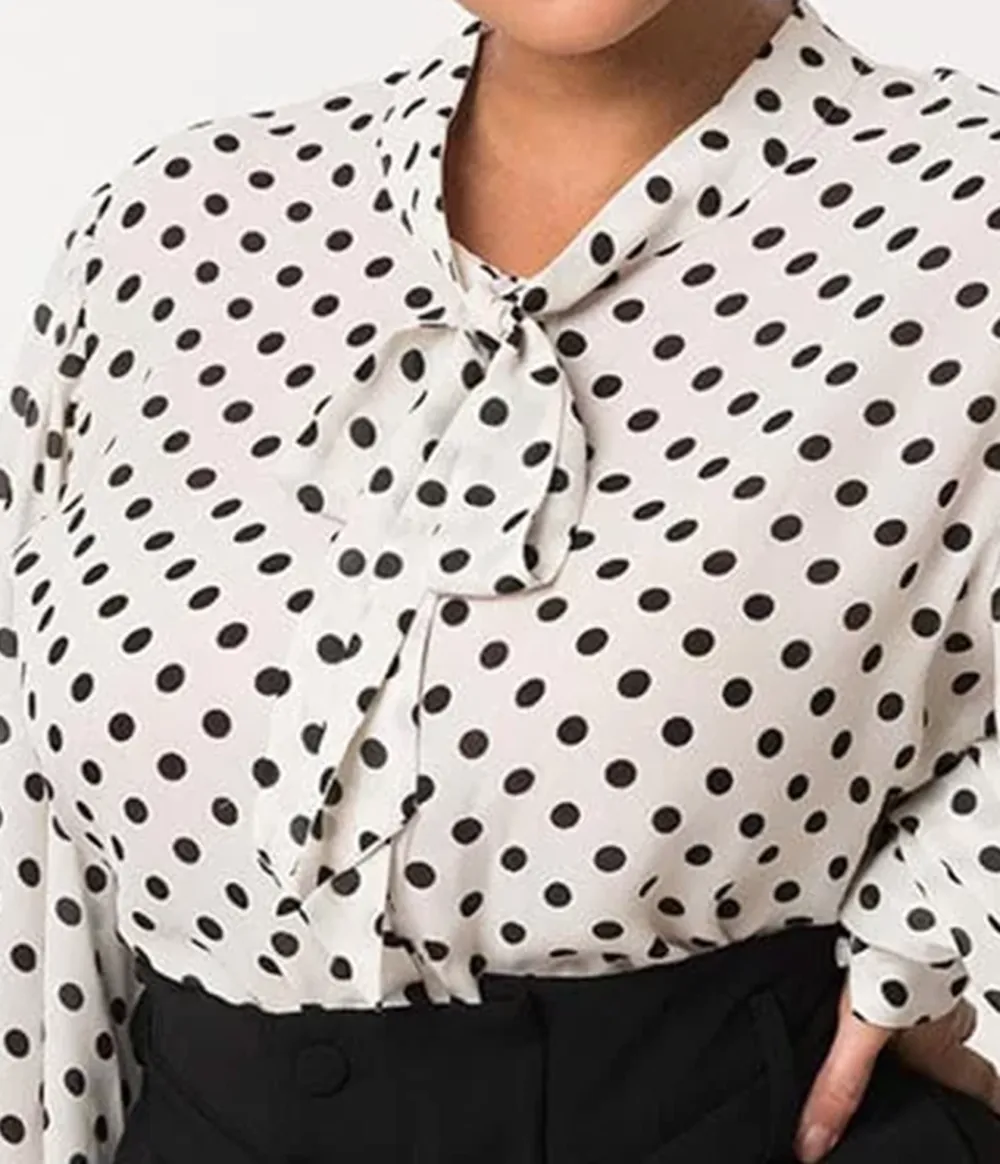 Unique Vintage Plus Size White And Black Polka Dot Neck Tie Gwen Blouse