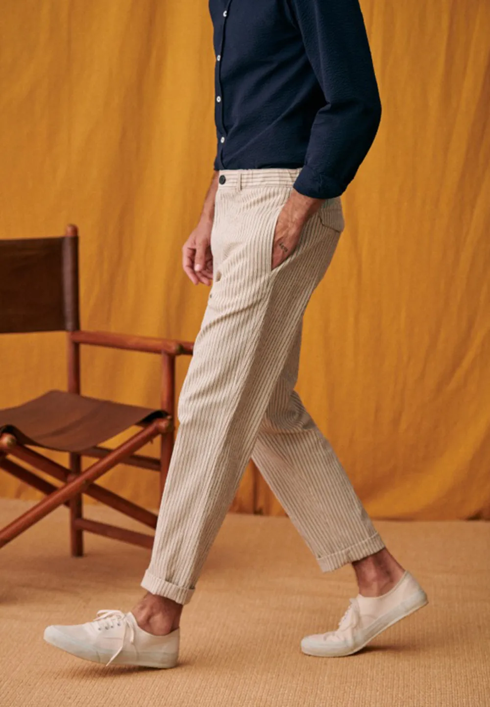 Shane Trousers-Seersucker Beige Green Stripes