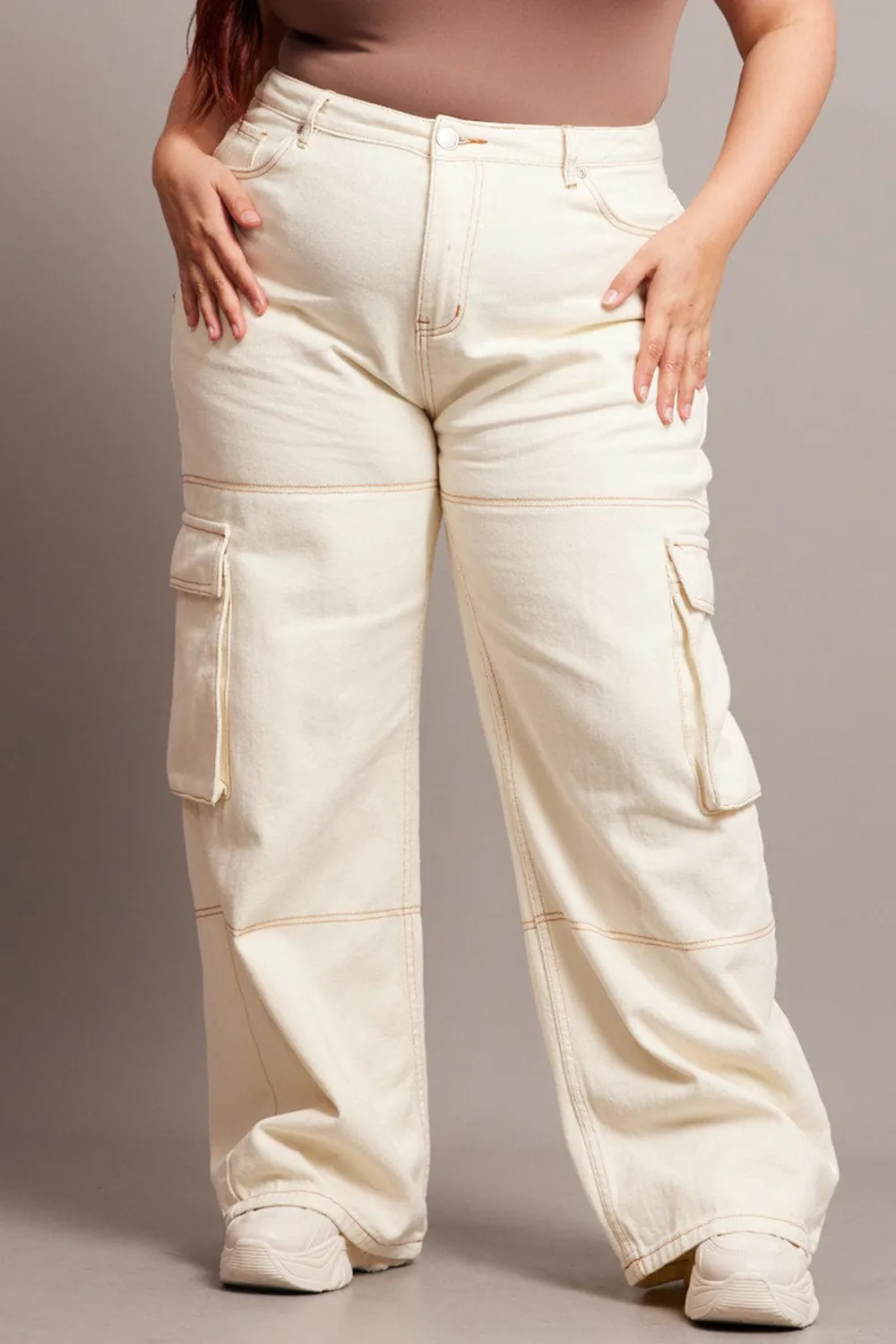 Beige Cargo Jeans High Rise