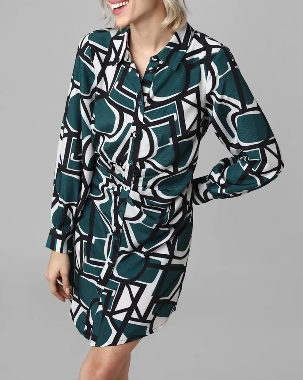 Green Abstract Print Shirt Dress