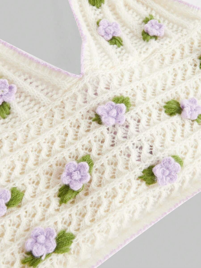 Kawaii Women Halter Crochet Knitted Top With 3D Flower Embroidery, Hollow Out