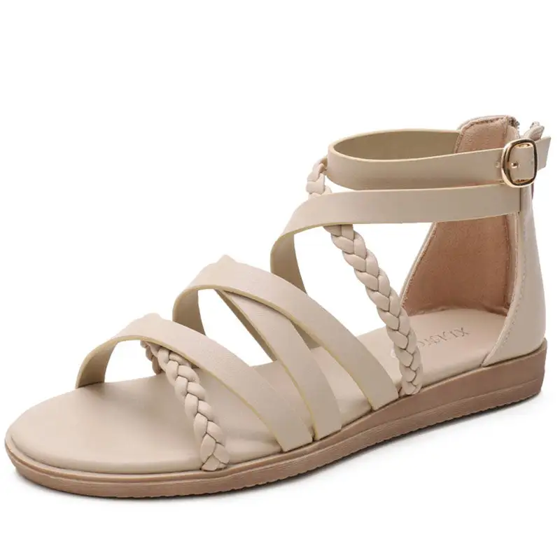 Cilool Ankle Buckle Design Round Toe Retro Sandals