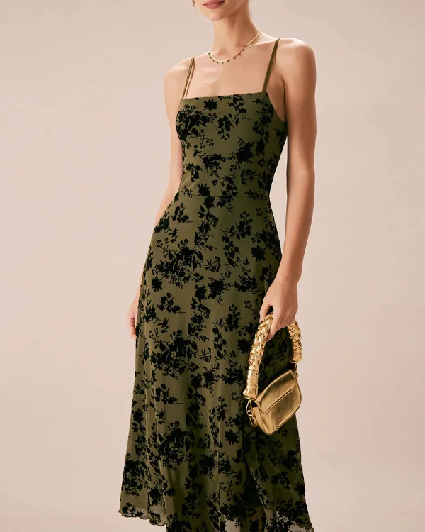 Dark green retro print suspender dress