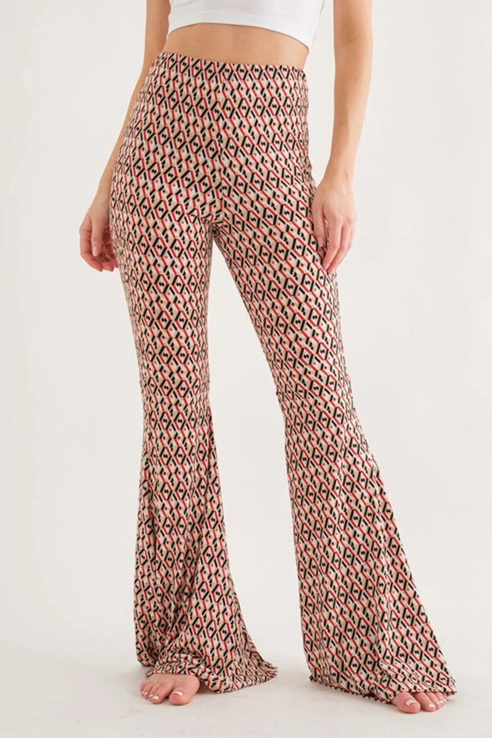 TAUPE GEOMETRIC PRINT WIDE-LEG PANTS