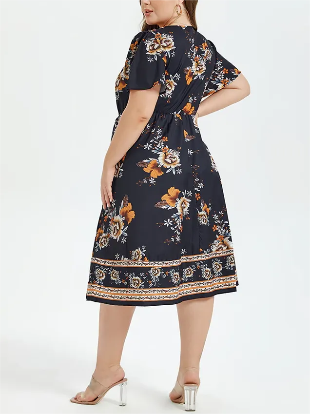 Floral Print V-Neck Butterfly Sleeve Elastic Waist Midi Dress