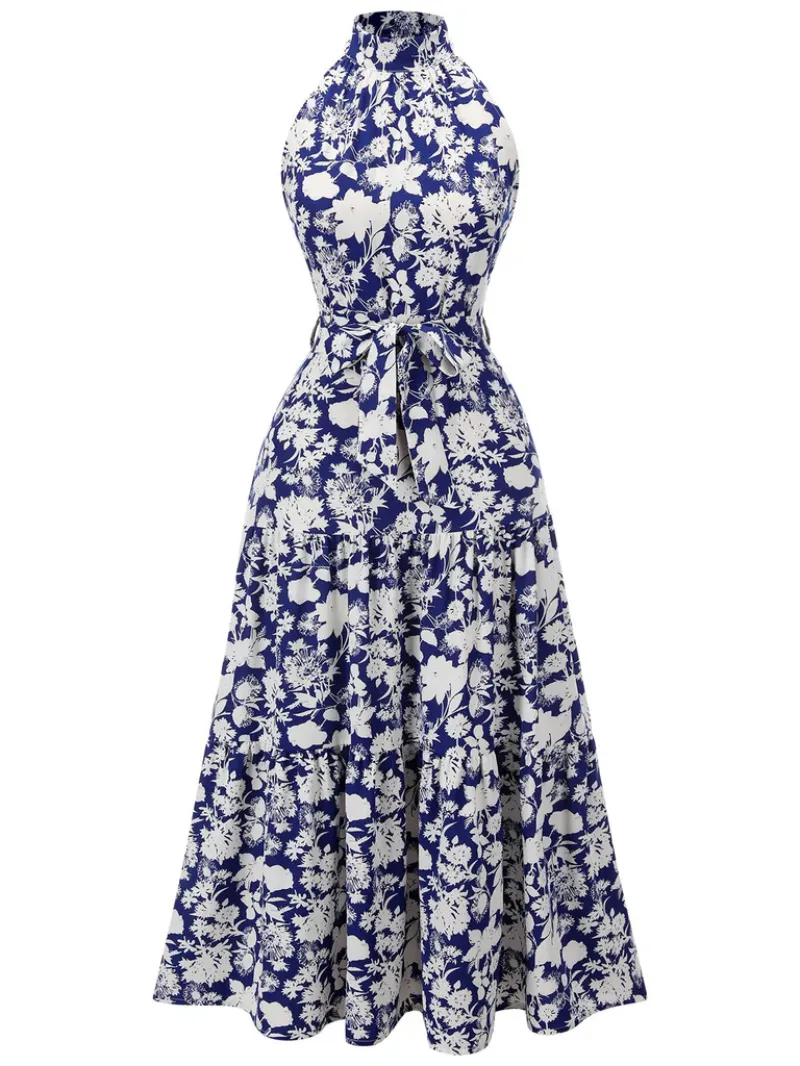 BLUE 1930S STAND COLLAR FLORAL DRESS