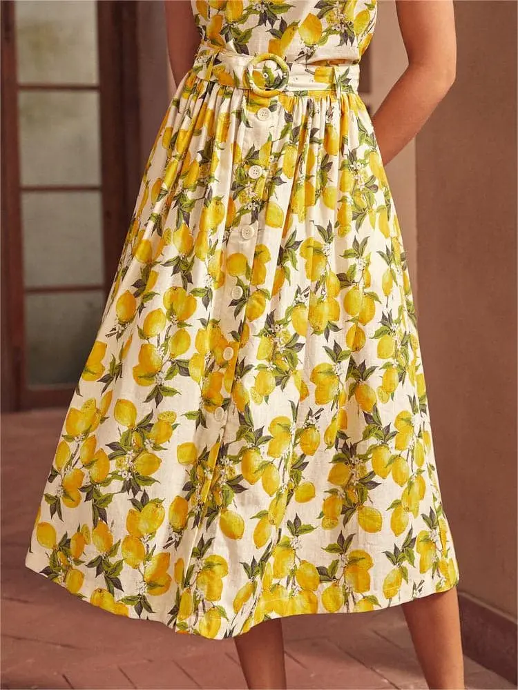 Lemon Printed Pleated Flared Skirts