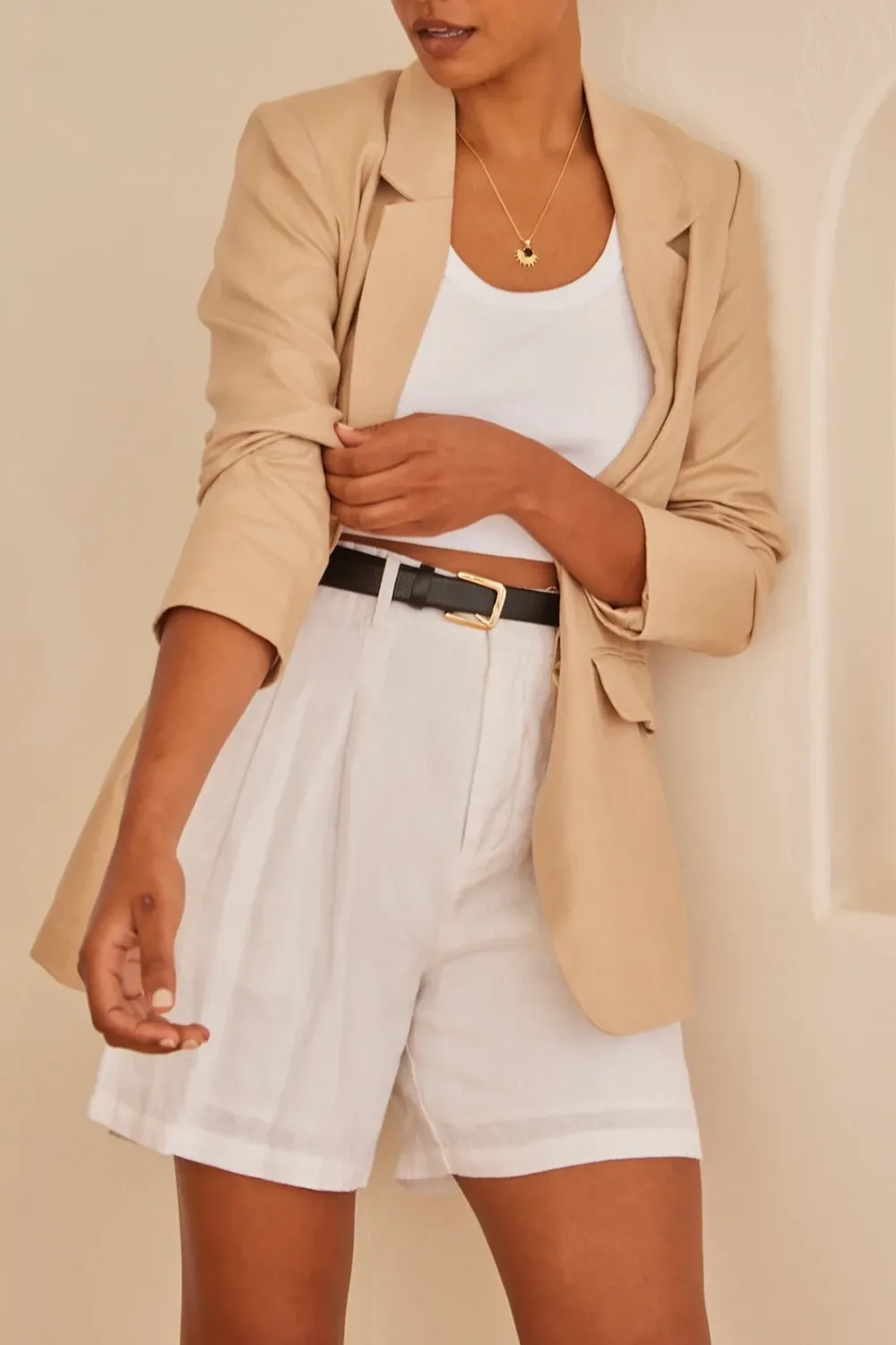 Aster Desert Sand Linen Single Breasted Longline Blazer