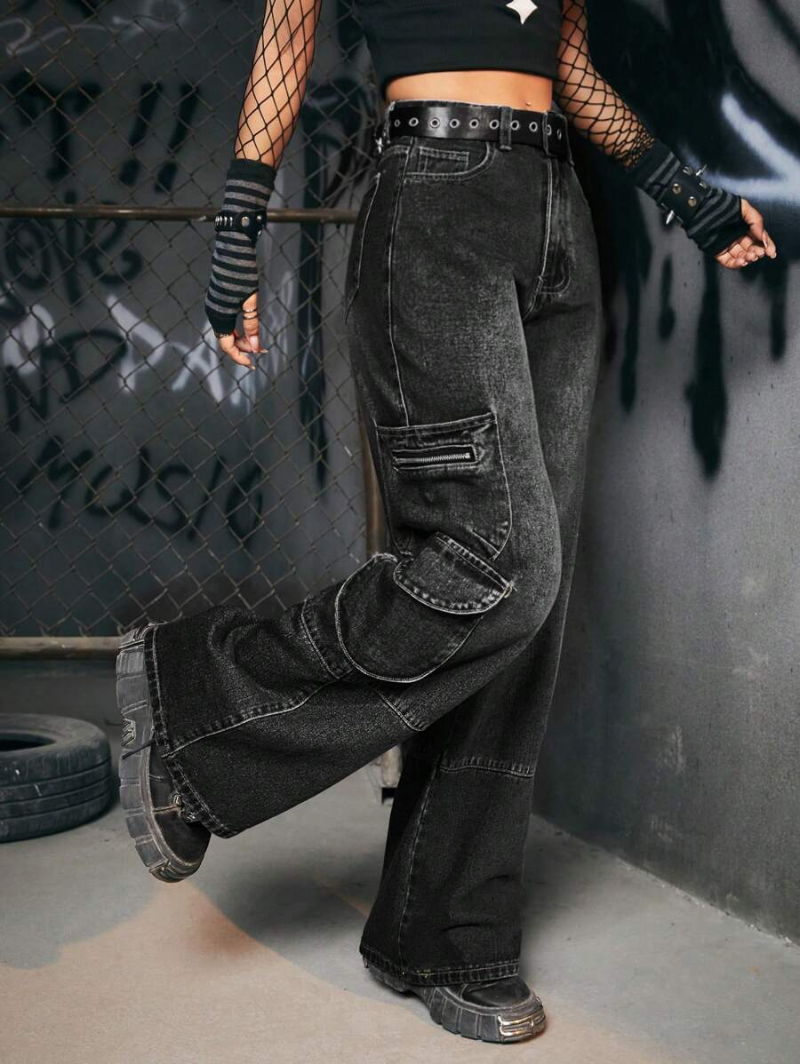 Grunge Punk Flap Pocket Side Cargo Pants Without Belt