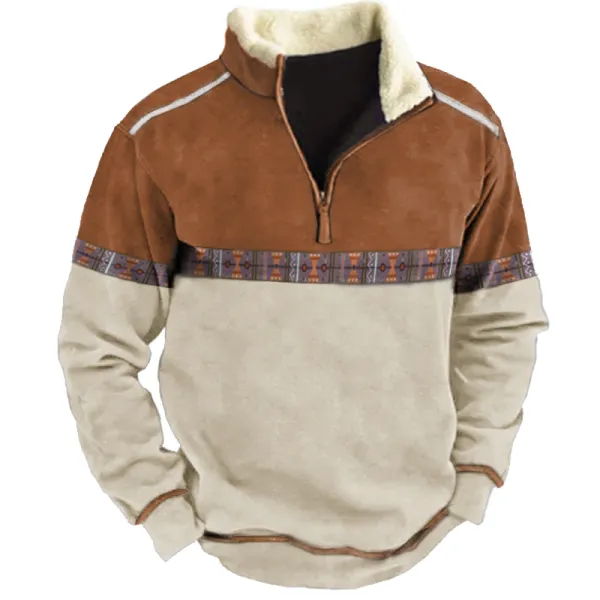 Men's Aztec Quarter Zip Color Contrast Winter Sweatshirt