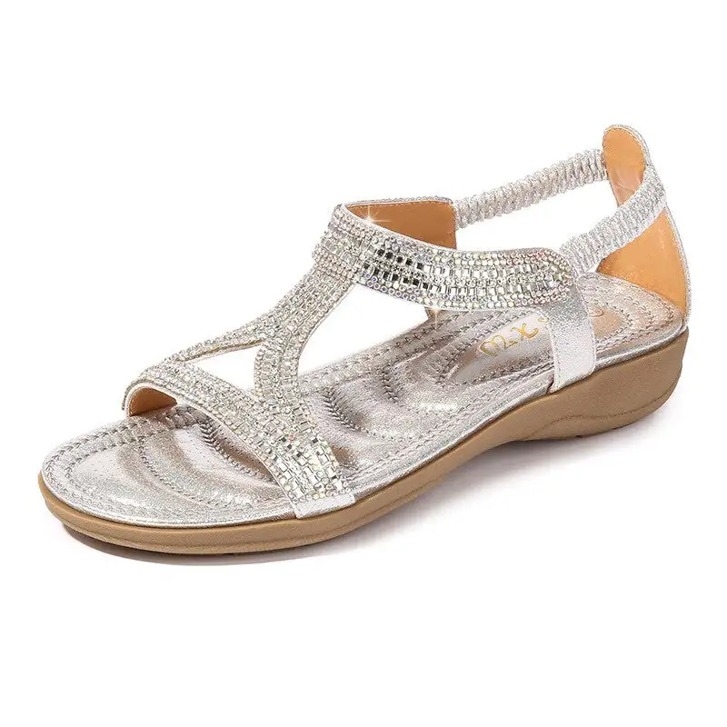 Cilool Sandals Hollow Triangle Rhinestone Sandals Soft Bottom Wedge Flat