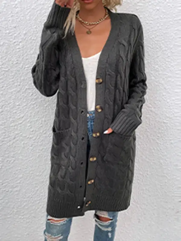 Urban Simple Loose Buttoned Solid Color Jacquard Cardigan Coat