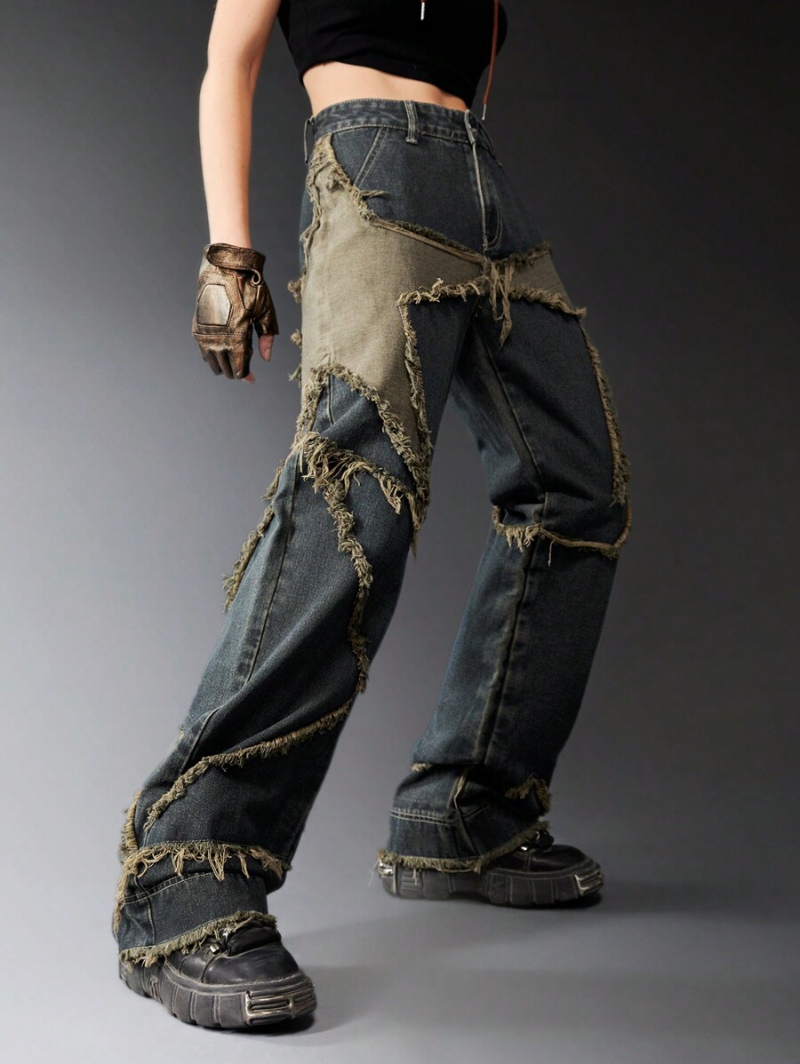 Grunge Punk Star Pattern Raw Trim Flap Pocket Cargo Jeans