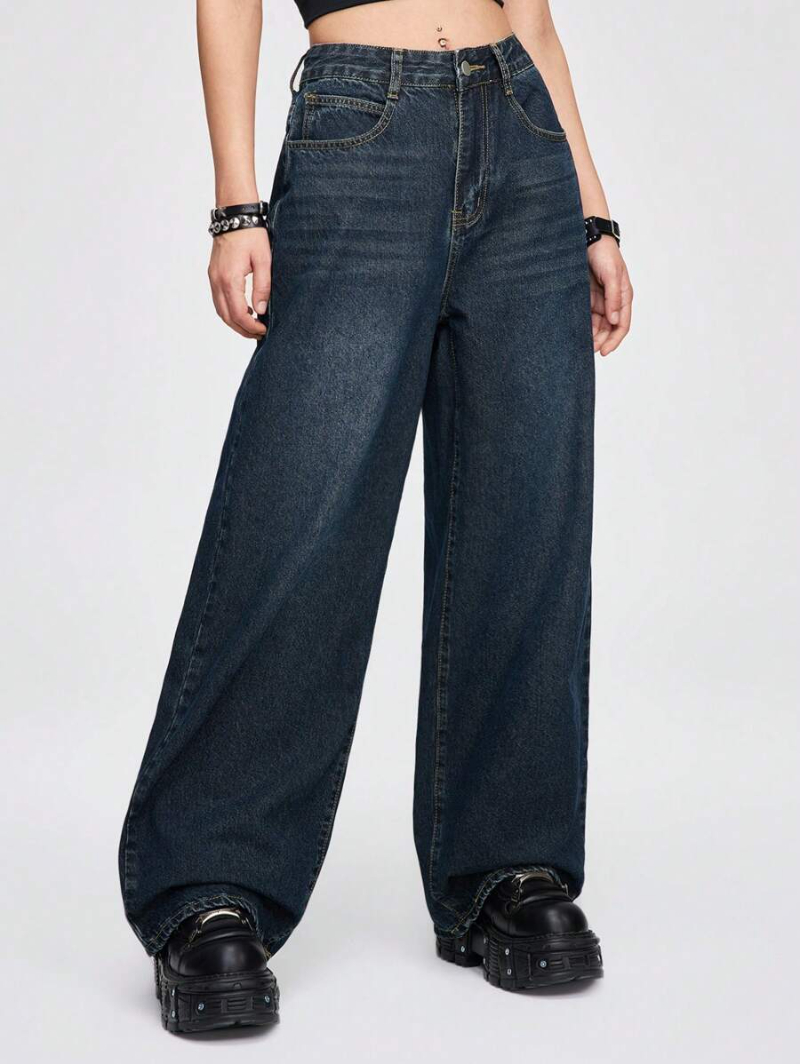 Grunge Punk Ladies' Grunge Punk Loose Wide Leg Jeans With Winged Skull Embroidered Patch On Back Pocket