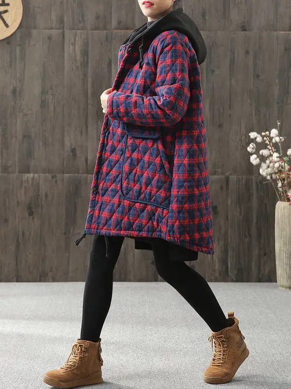 Vintage Loose Plaid Quilted Hooded Padded Coat