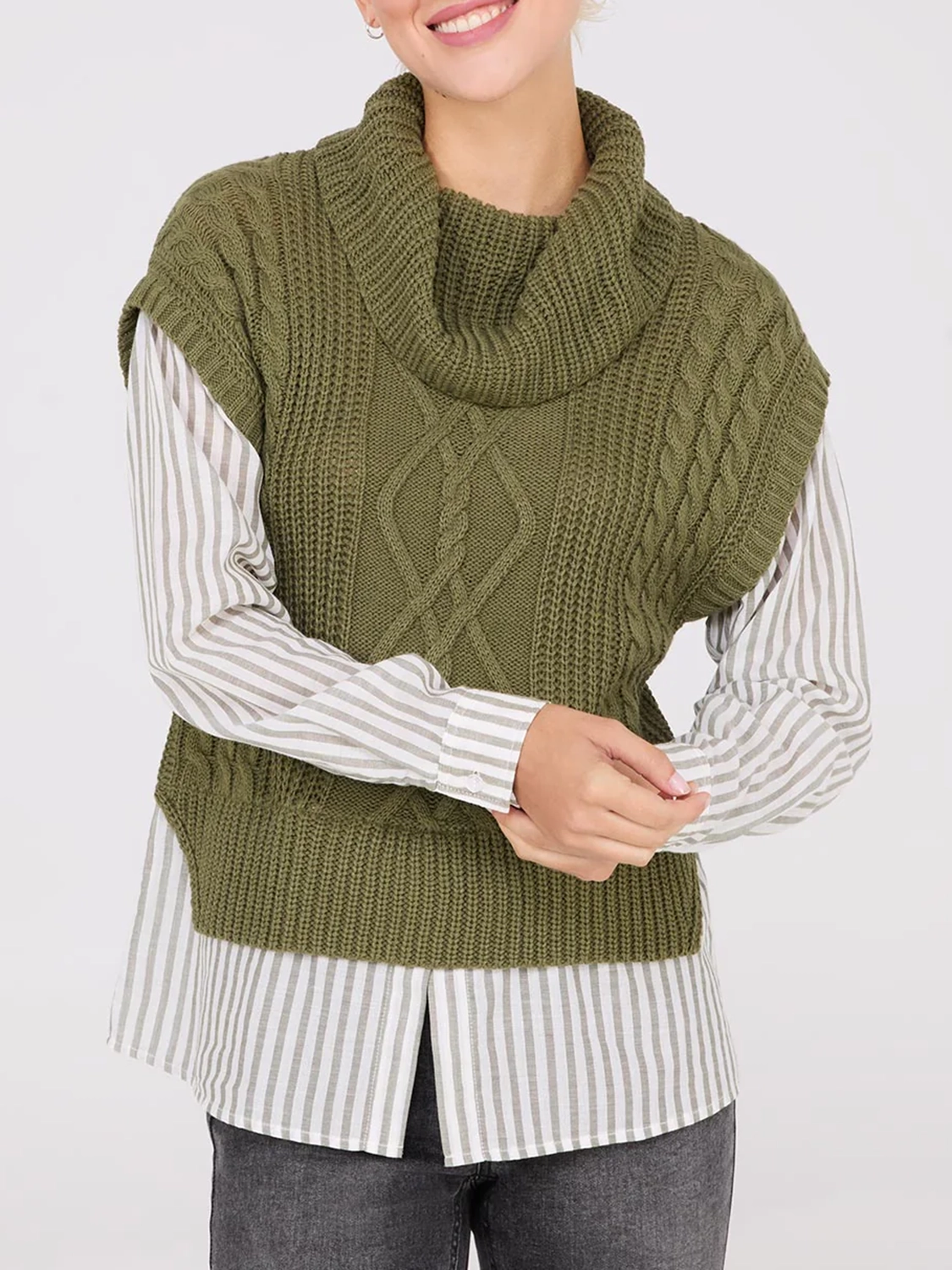 2-Fer Cable Knit Vest With Striped Blouse