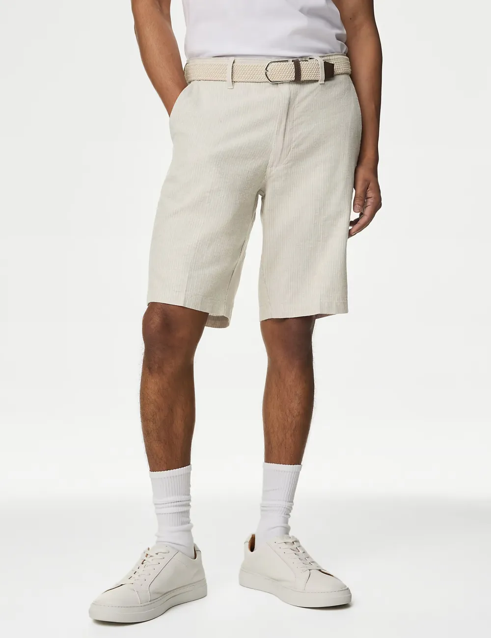 Linen Blend Striped Belted Chino Shorts