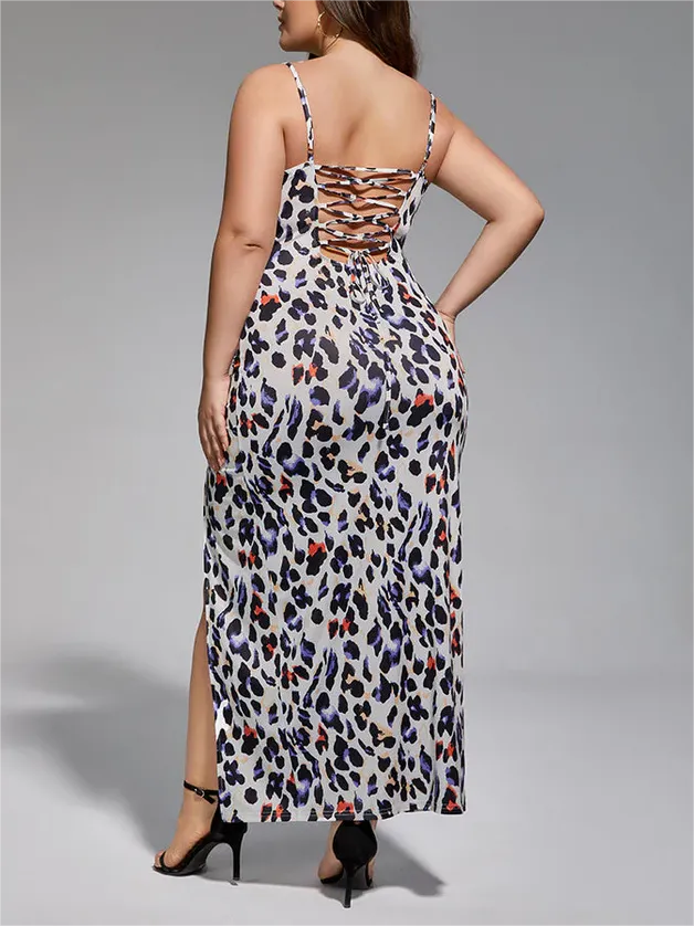 Plus Leopard Print Side Split Maxi Dress