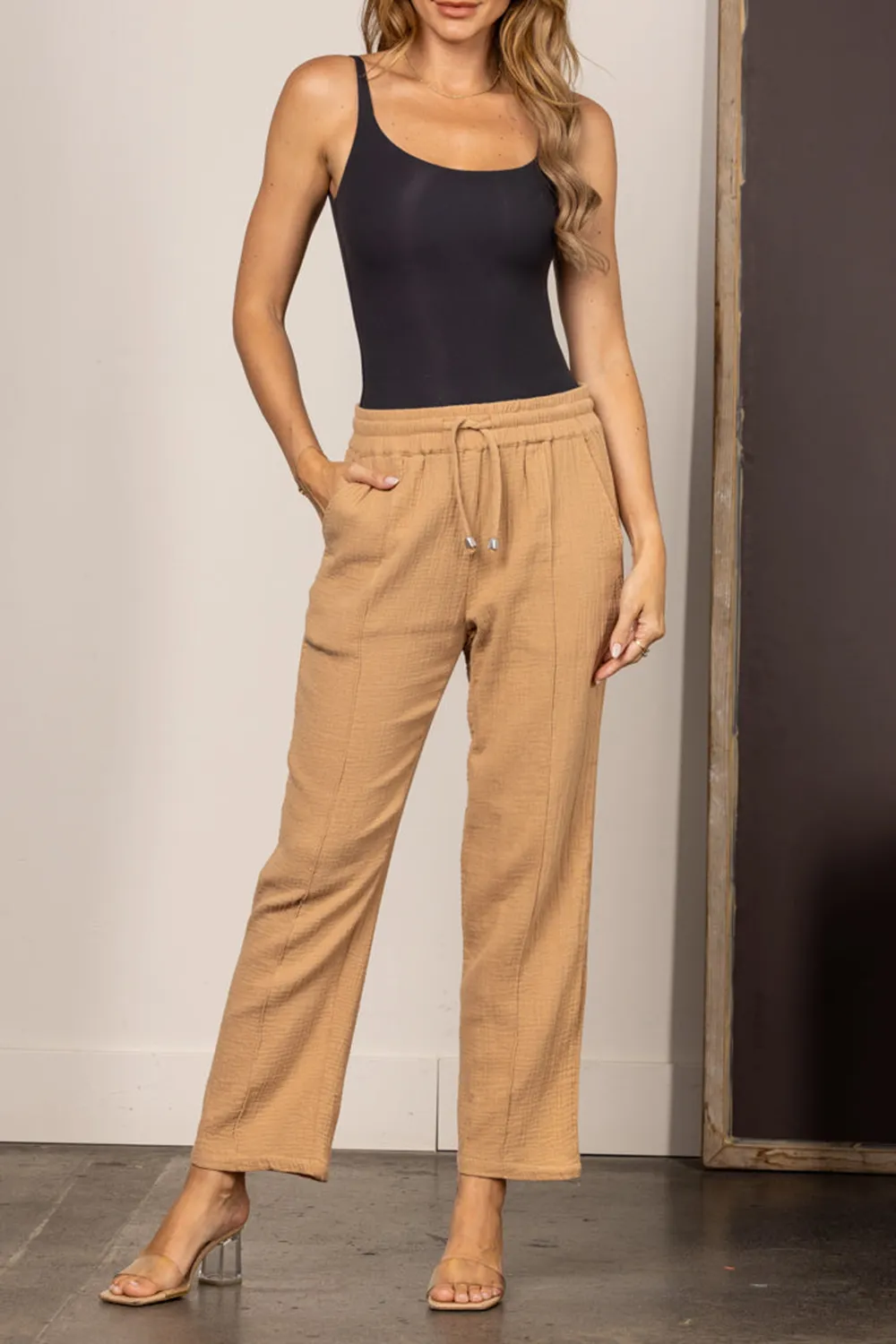 TAUPE DRAWSTRING STRAIGHT LEG LINEN PANTS