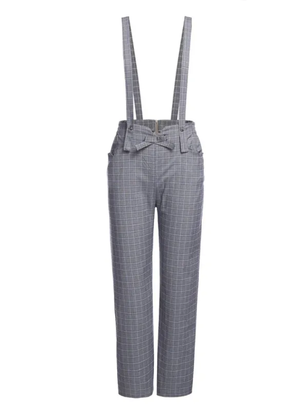 GRAY 1950S PLAIDS SUSPENDER PANTS