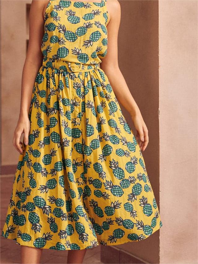 Vintage Pineapple Printed Pleated Flared Skirts