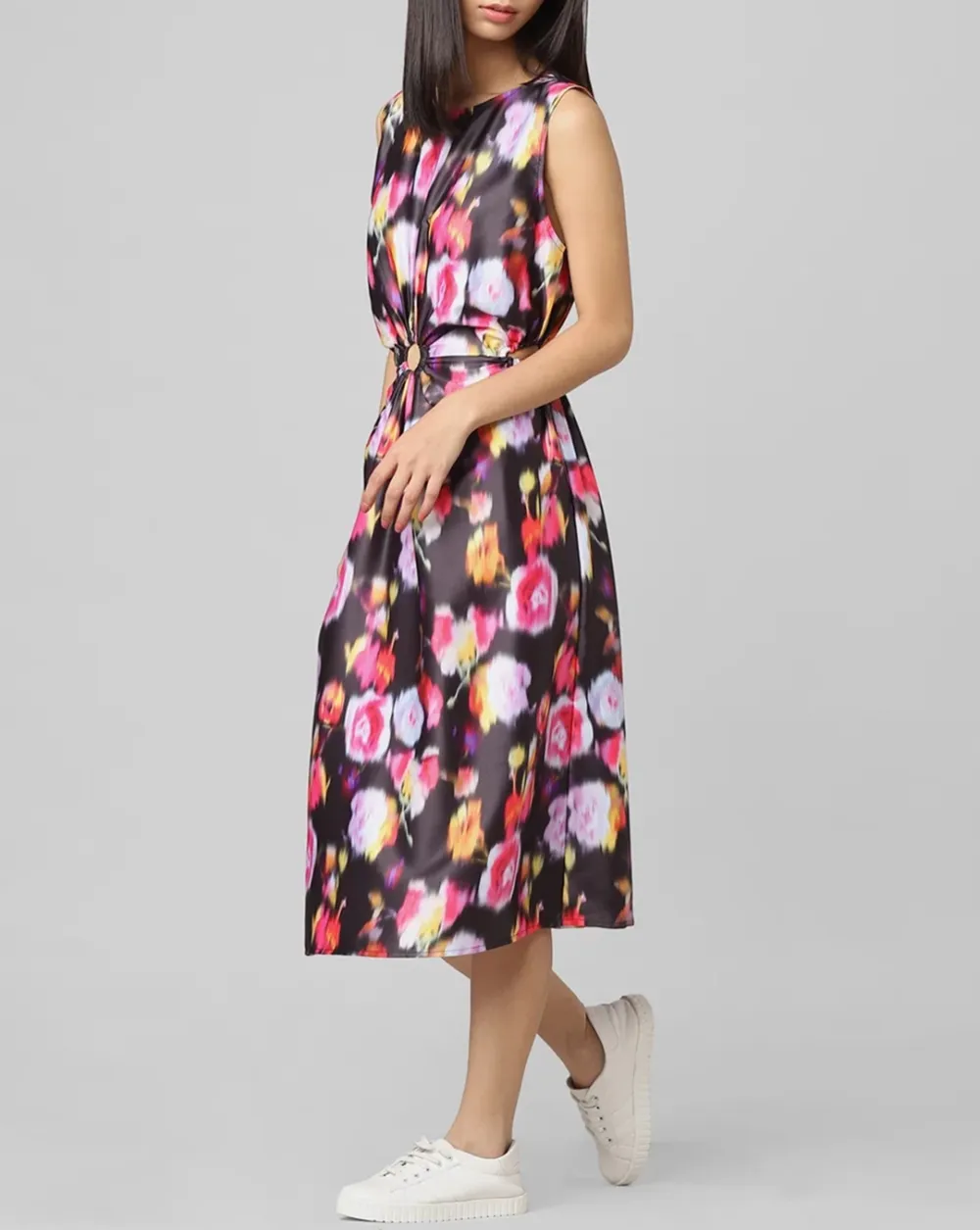 Black Floral Cut-Out Midi Dress