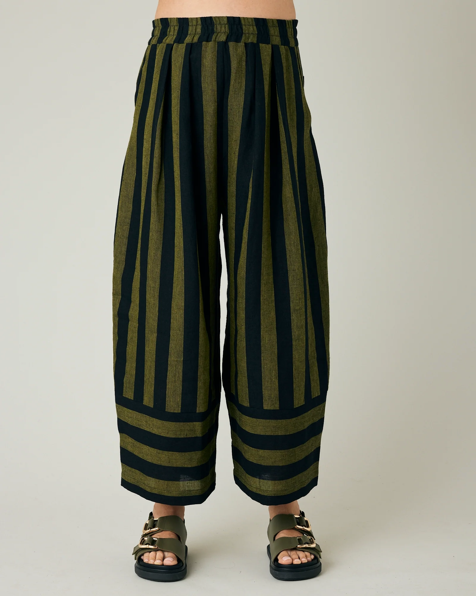 BOBBI BLACK & OLIVE STRIPE LINEN TROUSERS