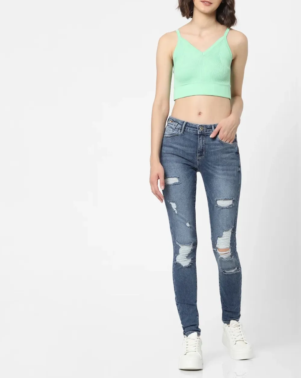 Green Ribbed Crop Top