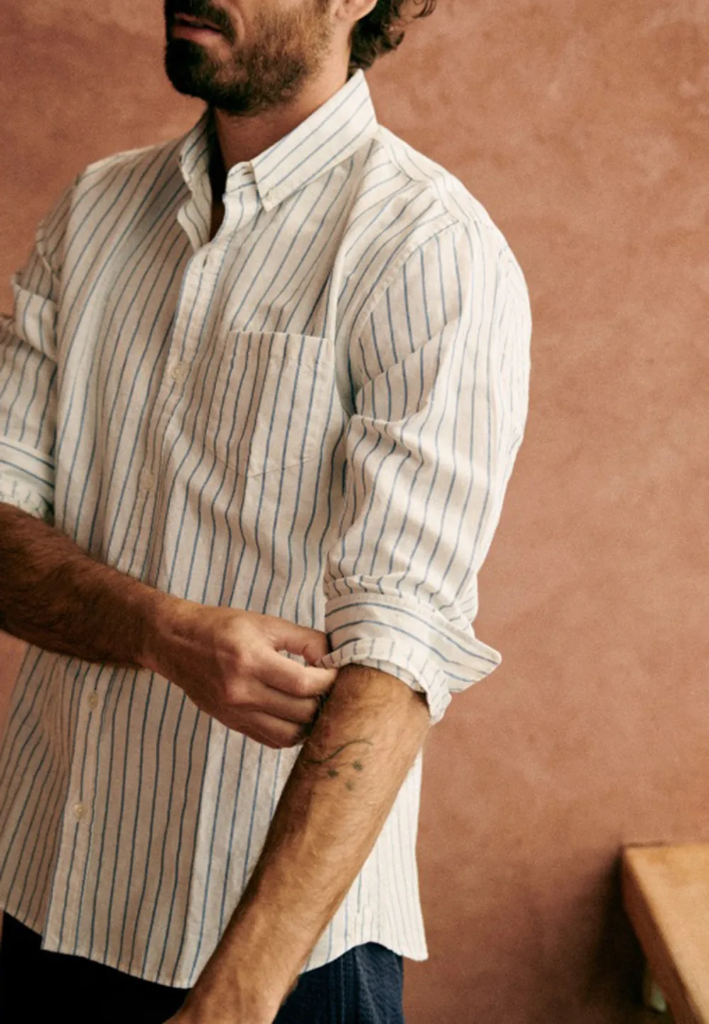 Cotton Linen Charlie Shirt-White Blue Stripes