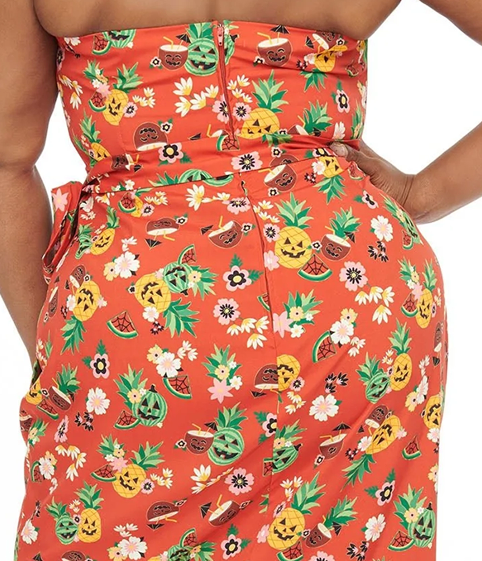 Unique Vintage Plus Size 1950s Rust & June-O-Ween Fruit Print Leilani Sarong Dress