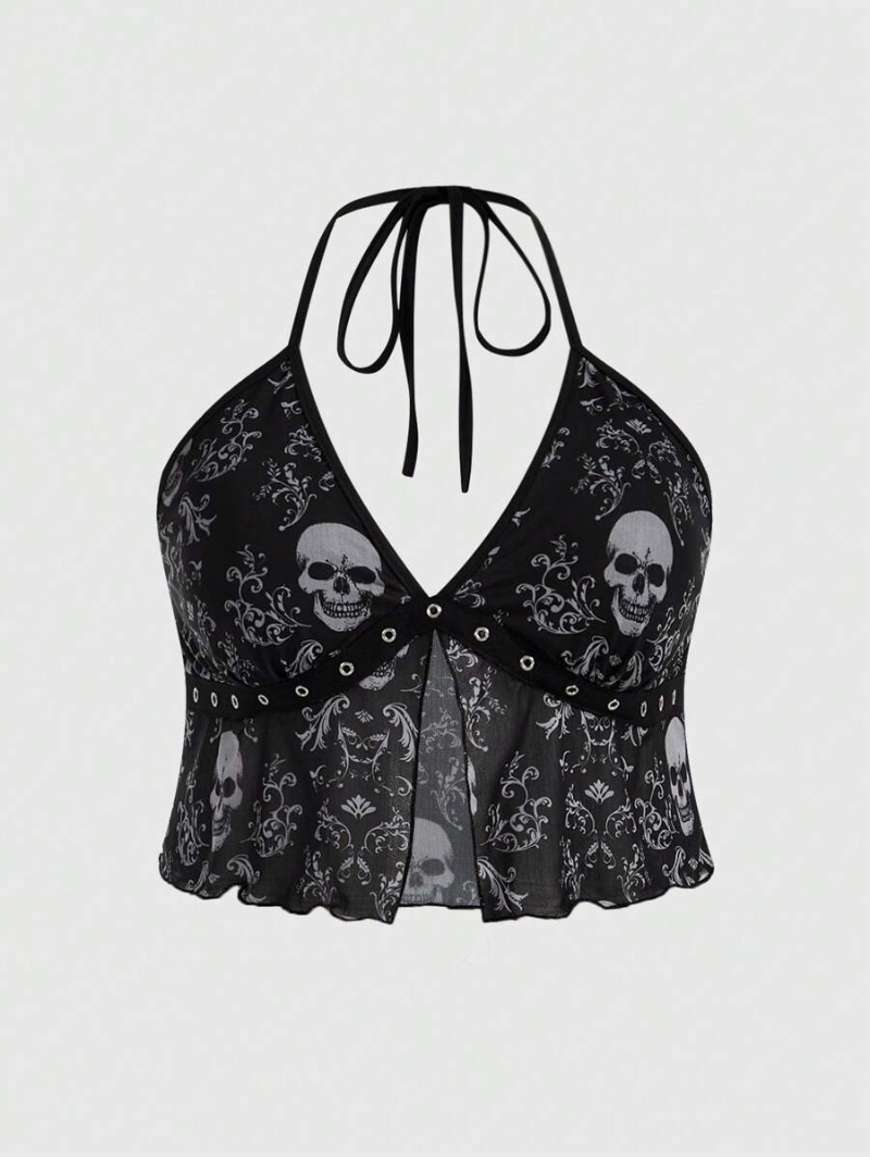 Grunge Punk Summer Gothic Skull & Ivy Mesh Printed Plus Size Camisole And Top