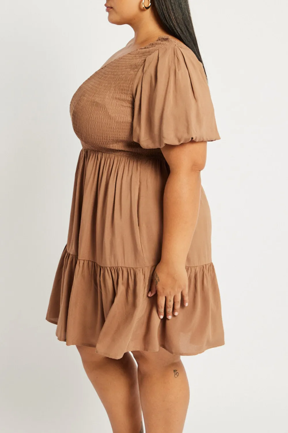 Brown One Shoulder Dress Shirred Bodice Pockets