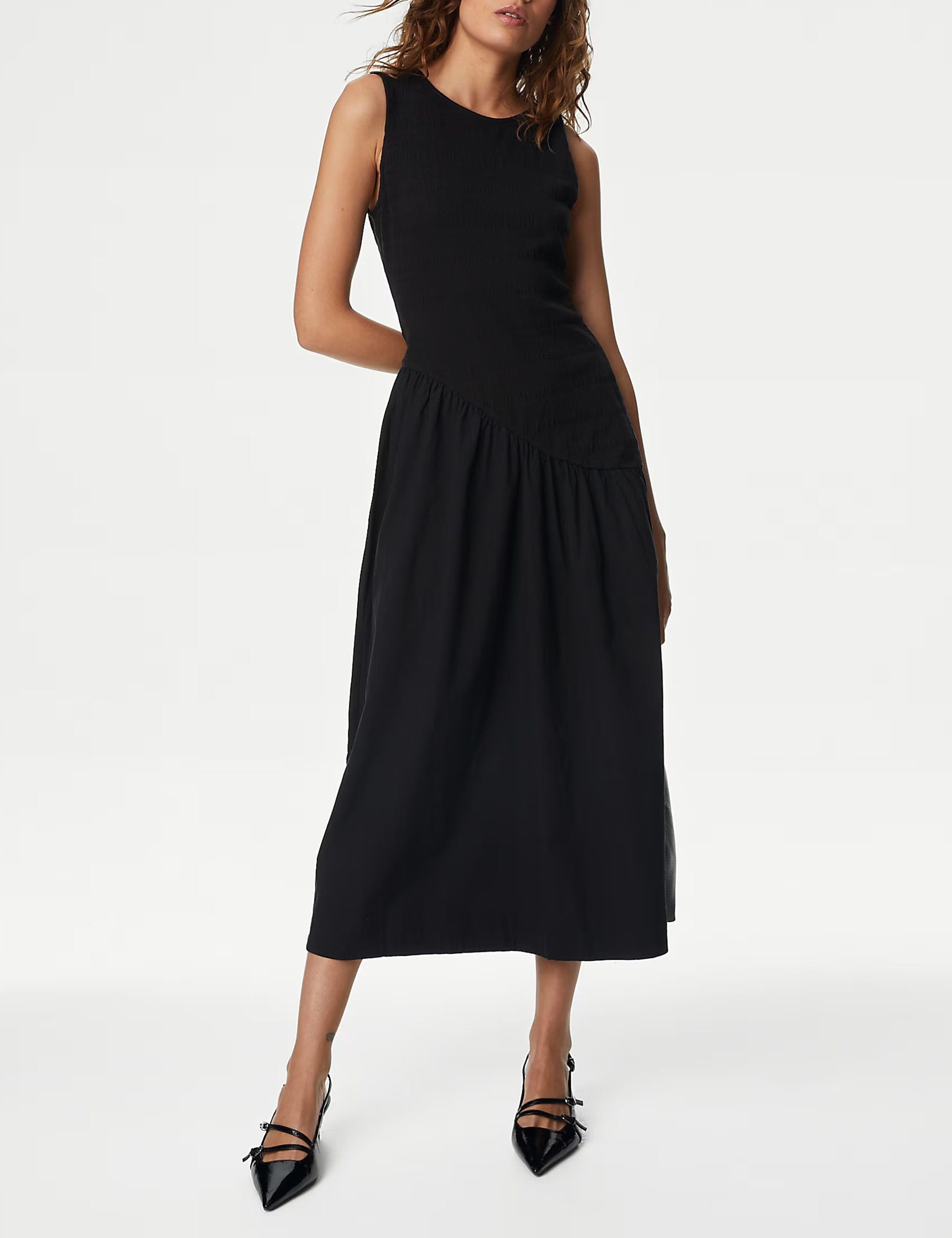 Cotton Blend Textured Midi Drop Waist Dress