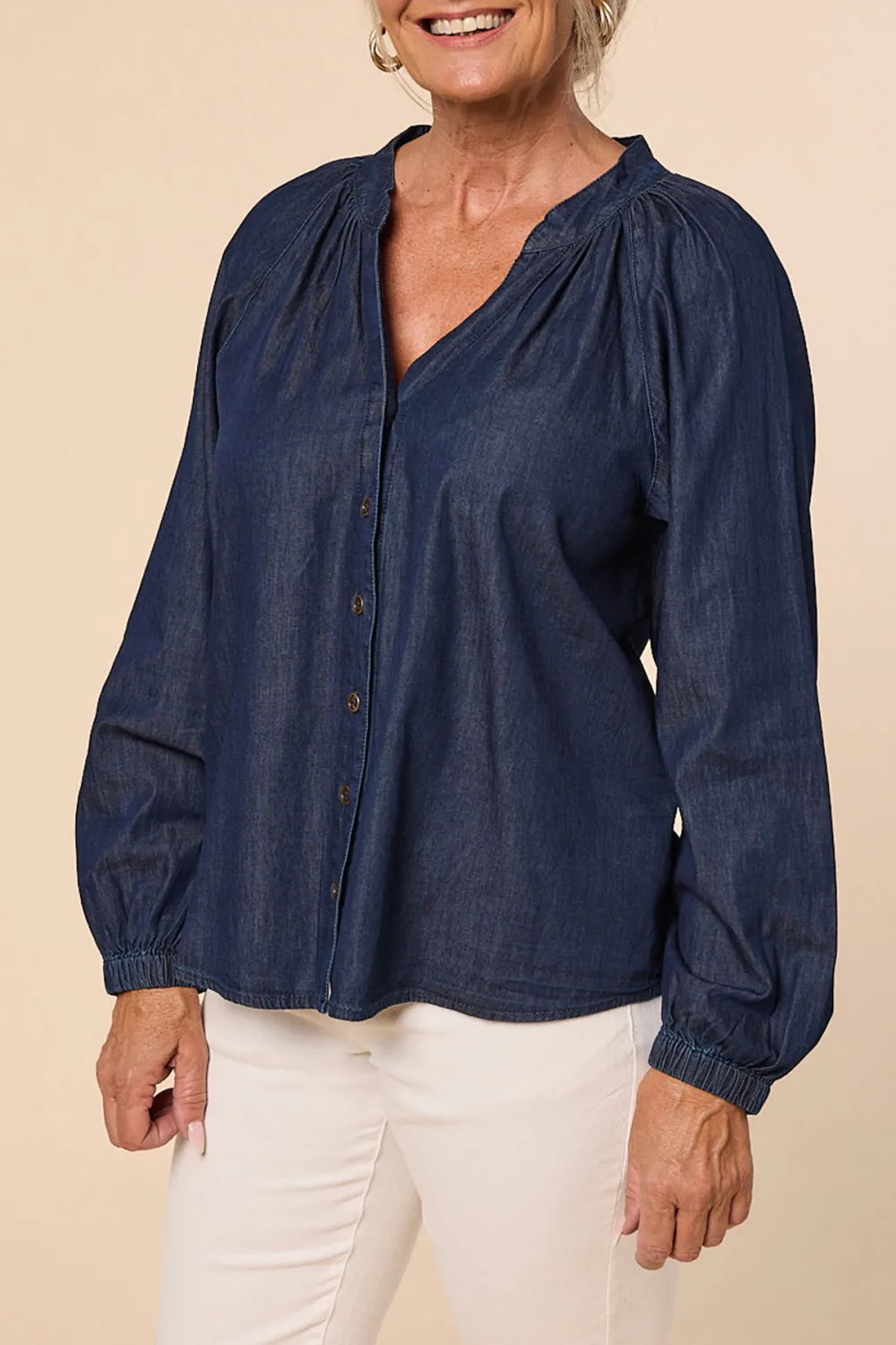 Kitty Chambray Top In Dark Wash