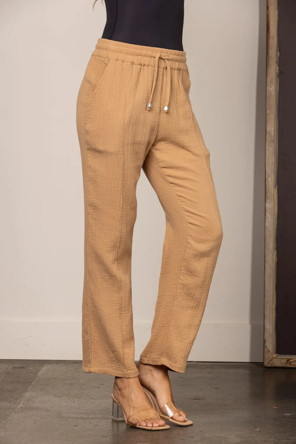 TAUPE DRAWSTRING STRAIGHT LEG LINEN PANTS