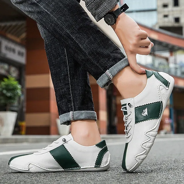 Men's White and Green Casual Sneakers with Unique Wavy Sole and Lace-Up Design – Comfortable Everyday Sport Shoes