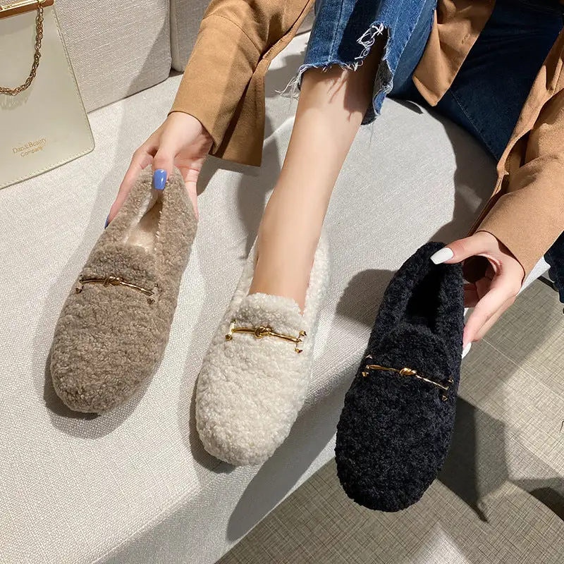 Furry Outer Wearing Flats Loafers Chain Decor Backless  Wild Fluffy Flat Mules Warm