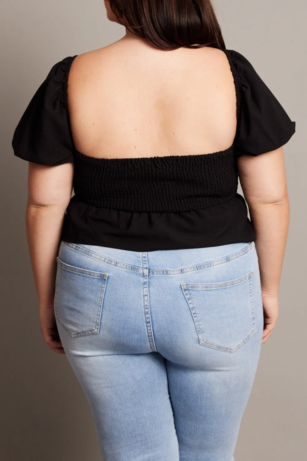 Black Peplum Top Short Sleeve Ruched Bust